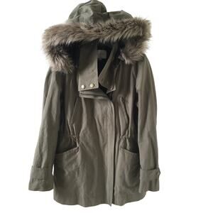 Utility Anorak Loft Olive Jacket with Faux Fur Trimmed Hood Size S